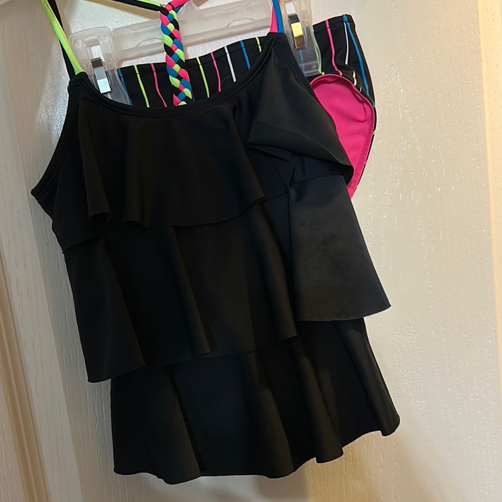 Black Ruffled Tankini with Striped and Pink Accents